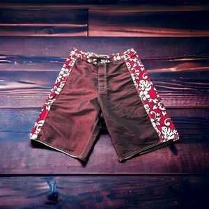 Vtg 1980s Made In Hawaii Metallic Red & Floral Board Shorts Skater Size 38 Aloha
